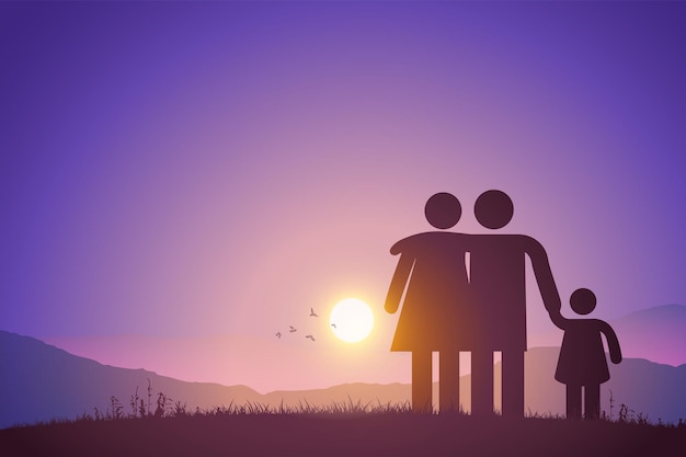 sunset view with family silhouette vector