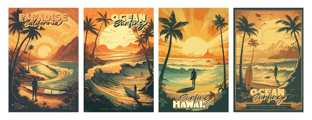 Vector sunset vintage retro style beach surf poster vector illustration