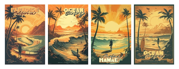 Sunset vintage retro style beach surf poster vector illustration