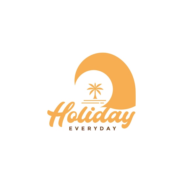 Vector sunset wave with coconut tree logo design