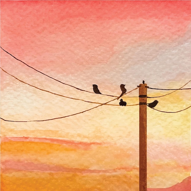 Vector sunset with birds in watercolor