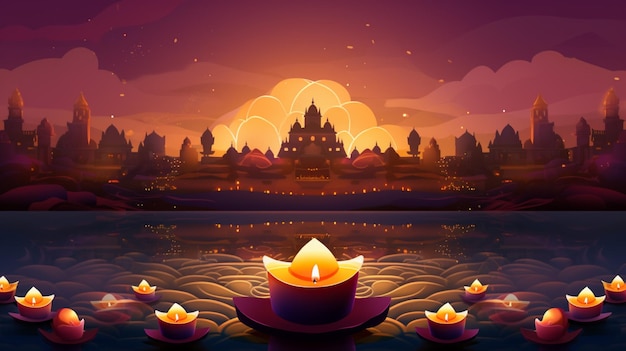 Vector a sunset with a boat and a floating candle