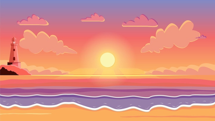 Vector 雲と海の灯台と夕日ベクトルイラスト