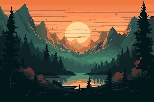 a sunset with a lake and mountains in the background.