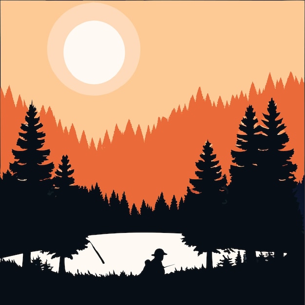 Vector a sunset with a man fishing in the forest