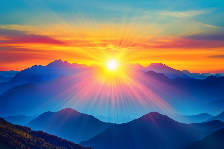 Vector a sunset with mountains in the background and a mountain range in the background