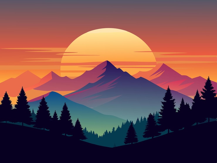 Vector a sunset with mountains in the background and a sunset in the background