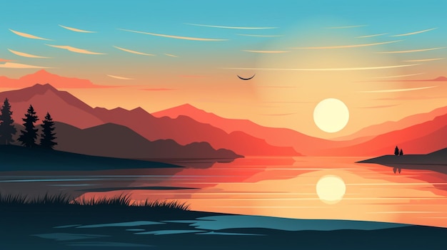 Vettore un tramonto con montagne e un lago sullo sfondo