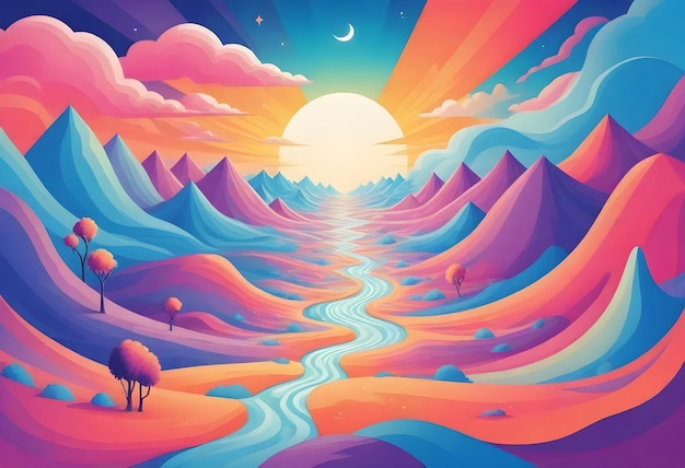 Vector a sunset with mountains and a river