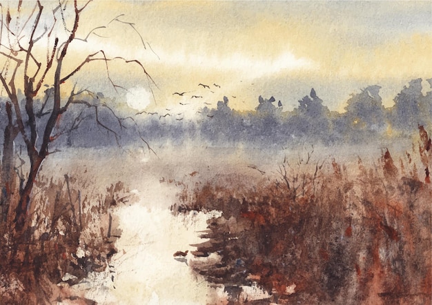 sunset with nature watercolor landscape painting