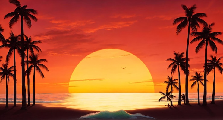 Vector パームの木とビーチシーンの夕焼けデザインのベクトル
