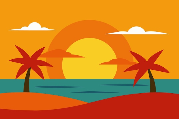 Vettore un tramonto con palme sullo sfondo e un tramonto sullo sfondo