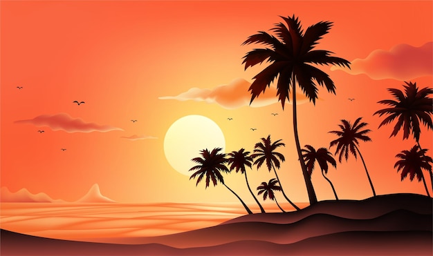 パームの木とビーチの景色の夕暮れ