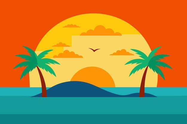 a sunset with palm trees and a bird flying over the ocean