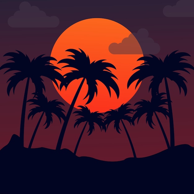 Закат с пальмами на переднем плане и большим оранжевым солнцем на заднем плане.