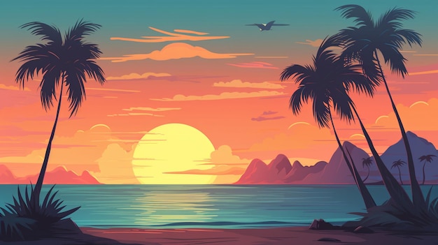 Vector a sunset with palm trees and mountains in the background