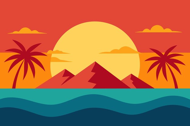 a sunset with palm trees and mountains in the background
