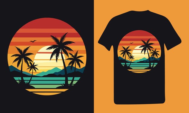 a sunset with palm trees and a sun with a beach scene