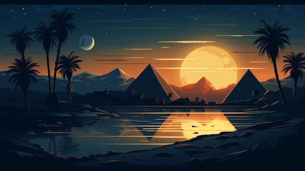 Vector a sunset with pyramids and palm trees