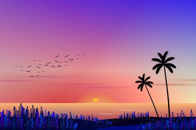 Vector sunset with sea landscape