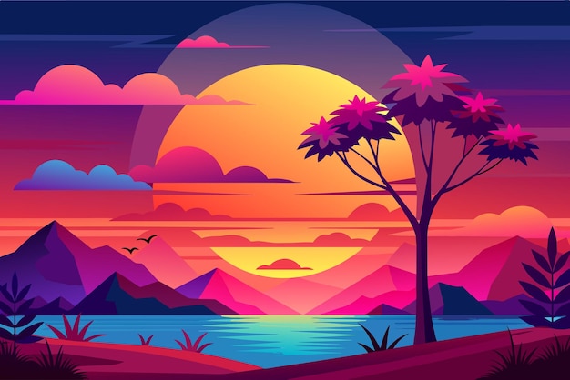 a sunset with a sunset and mountains in the background
