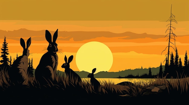 Vettore un tramonto con due conigli in primo piano e un tramonto sullo sfondo