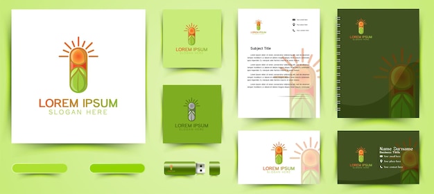 サンシャイン、葉、ピル、健康的なロゴとビジネスブランディングテンプレート白い背景で隔離のデザインのインスピレーション