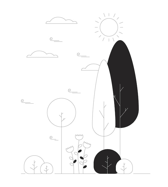 Sunshine park landscape black and white cartoon flat illustration