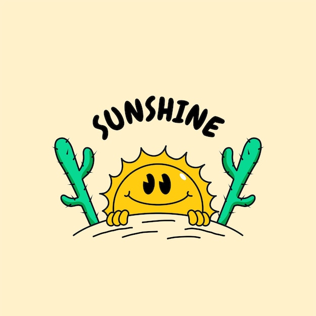 Sole sorriso sole sorgere al mattino su cactus terra vecchia scuola retrò fumetto illustrazione vettoriale