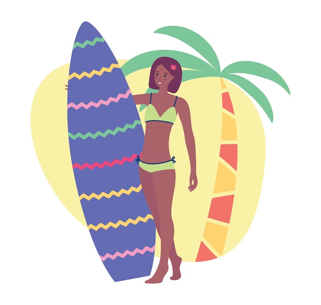 Suntanned woman holding a surfboard