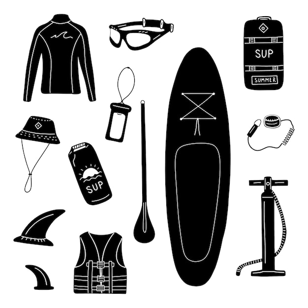 Vector sup surfing equipment set in doodle style vector illustration on white background