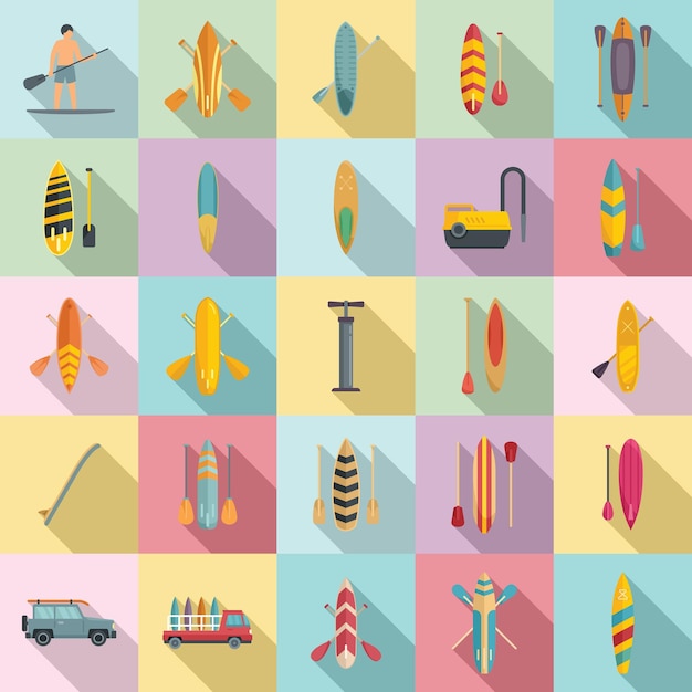 Vector sup surfing icons set flat vector. surf board. puddle gear