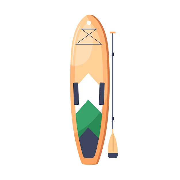 SUP water board with paddle. Standup paddleboarding, summer beach sport activity. Long stand-up surfboard with rounded nose. Flat vector illustration isolated on white background.