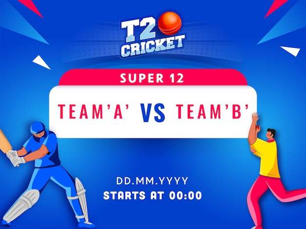 Super 12 T20 cricketwedstrijd tussen team A VS B en bowler die bal naar batsman op blauwe achtergrond gooit