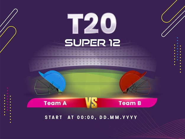 Super 12 T20 Cricketwedstrijd tussen team A VS B met kledinghelmen op paarse stadionachtergrond