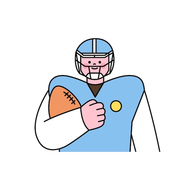 ヘルメットとボールのアウトラインのシンプルなベクトル図を持つスーパー ボウルのプレーヤー