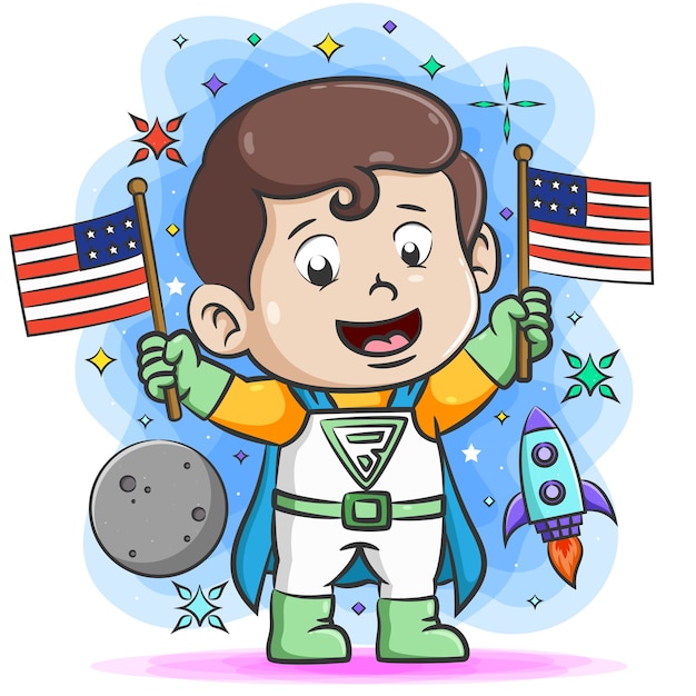 супер мальчик держит два флага в руке вокруг космических вещей
