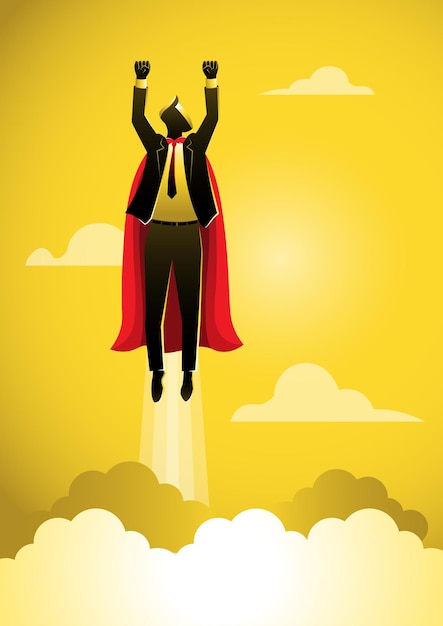 Super Businessman flies to success business man super hero concept