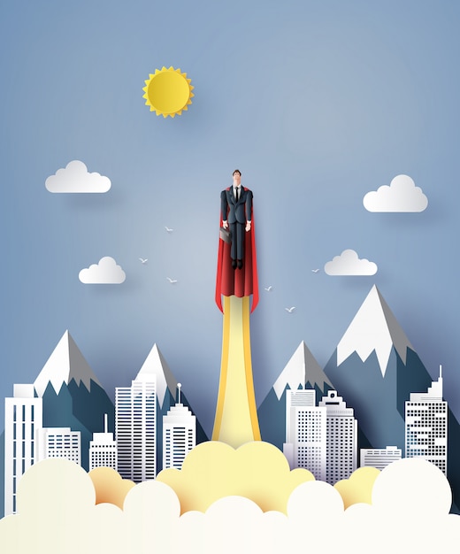 Vector super businessman flying on sky