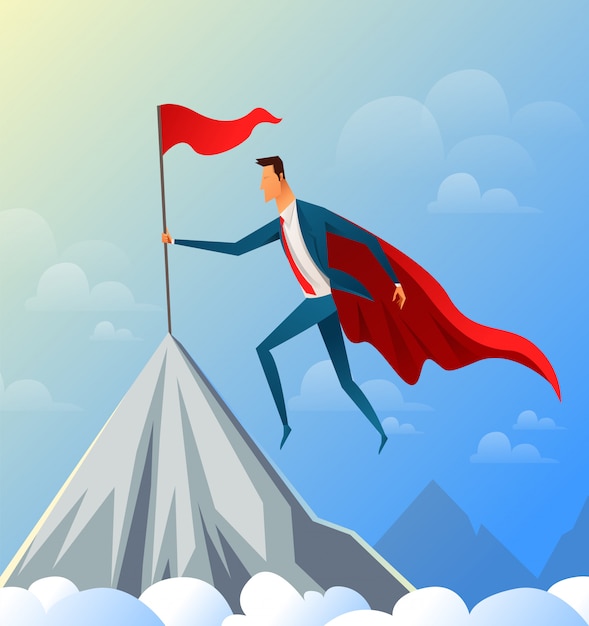 Super Businessman flying on Top of the Mountain with Success Flag. illustration