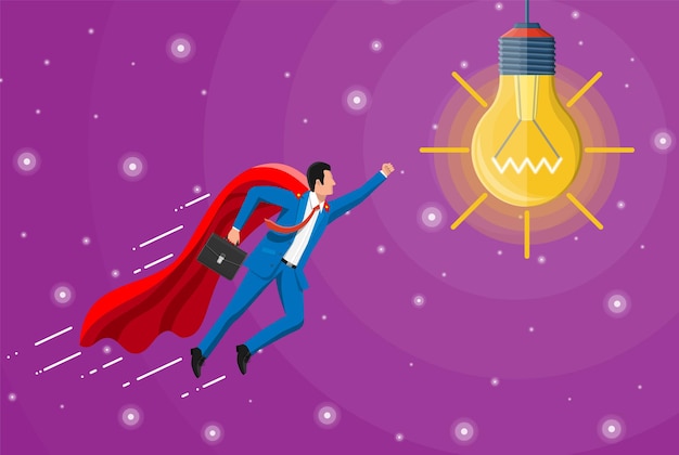 Vector super businessman in red cape flying to idea light bulb. concept of creative idea or inspiration, business start up. glass bulb with spiral in flat style. vector illustration