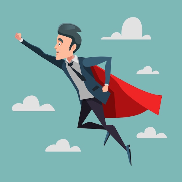 Super Businessman in Red Cape Flying to Success. Business Superhero. 