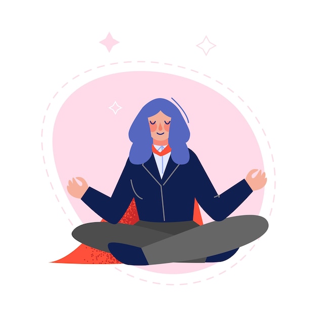 Vector super businesswoman wearing red cape meditating in lotus position successful superhero business character leadership challenge goal achievement vector illustration