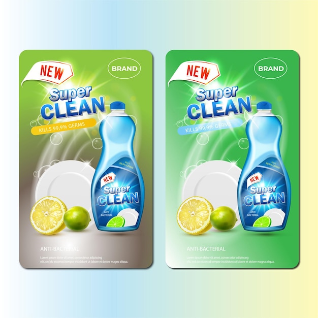 Vector super clean liquid soap and clean plates poster with plastic detergent bottle