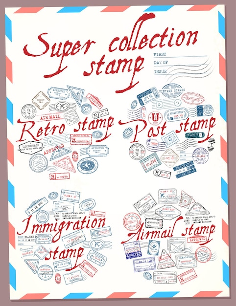 Vector super collection stamp retro post immigration and airmail stamp passport stamps