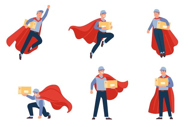 Super courier fast delivery superhero flying with parcel express order shipping worker in red cloak cardboard boxes urban shipment service deliveryman carrying mail package vector delivers set