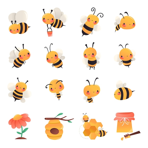 Super cute cartoon honey bees set