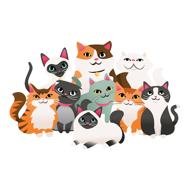 Vector super cute cartoon kittens group