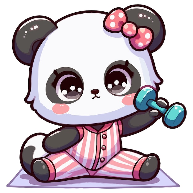 A super cute chibi baby panda with pajamas doing exercising fashionable no background