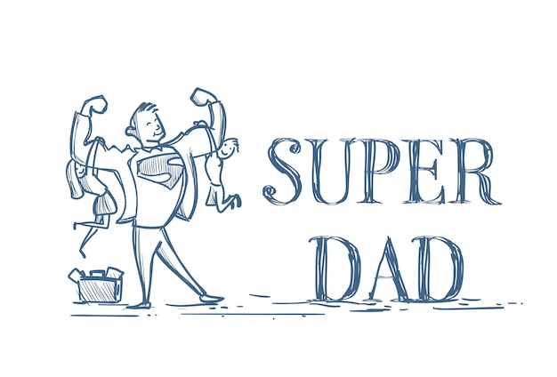 Vector super dad holding kids son and daughter doodle on white